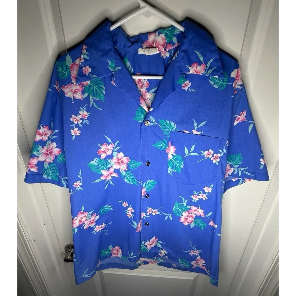 Vintage 80's Single Stitch Hawaiian Floral Print Button Up Shirt Sz Men's Large